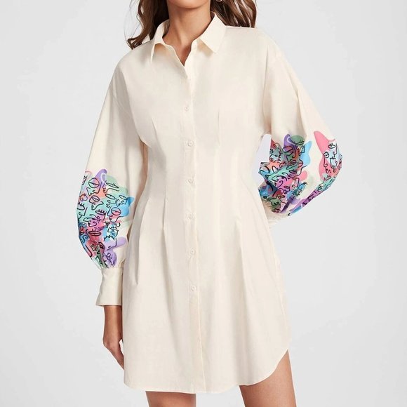 . Dresses & Skirts - Beige Casual Womens Graphic Lantern Sleeve Fold Pleated Shirt Dress